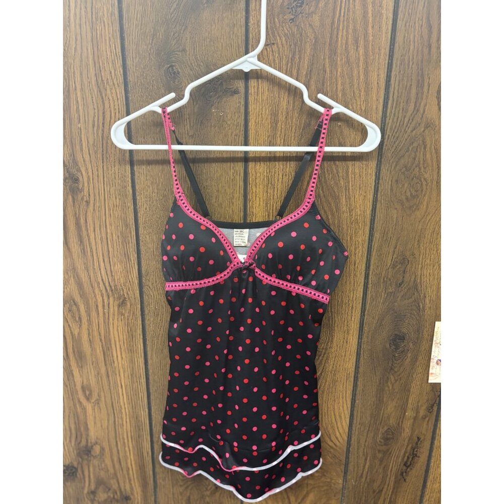 NBN Ladies Black/Red Polka Dot Sleepwear With Pink Lace Accents Adjustable Strap